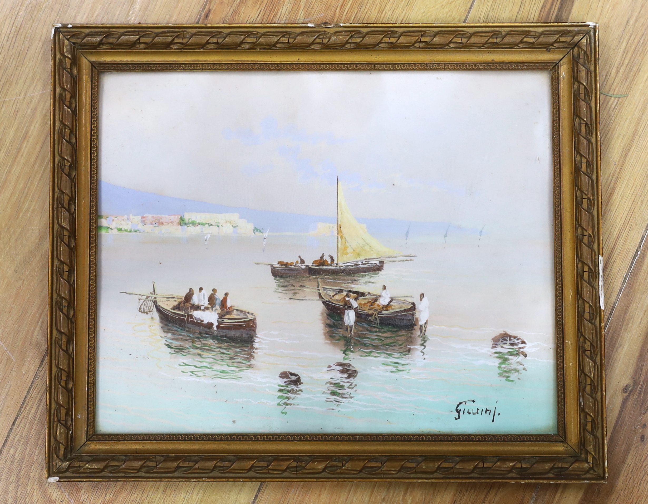 Gianni, gouache, Fishing boats in the Bay of Naples, signed, 23 x 29cm